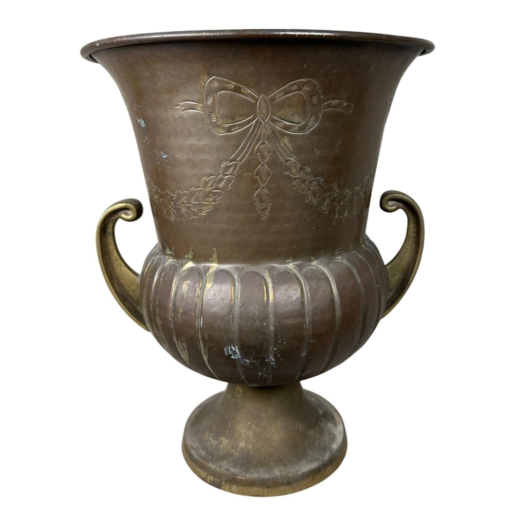 Vintage Brass Bow and Garland Urn Vase Footed Planter with Handles Patina‎